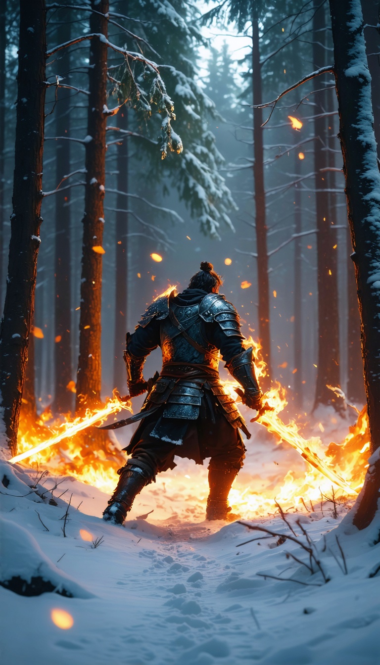 A warrior training in a frozen forest, slashing through trees with fiery blades, glowing embers flying through the snowy air.