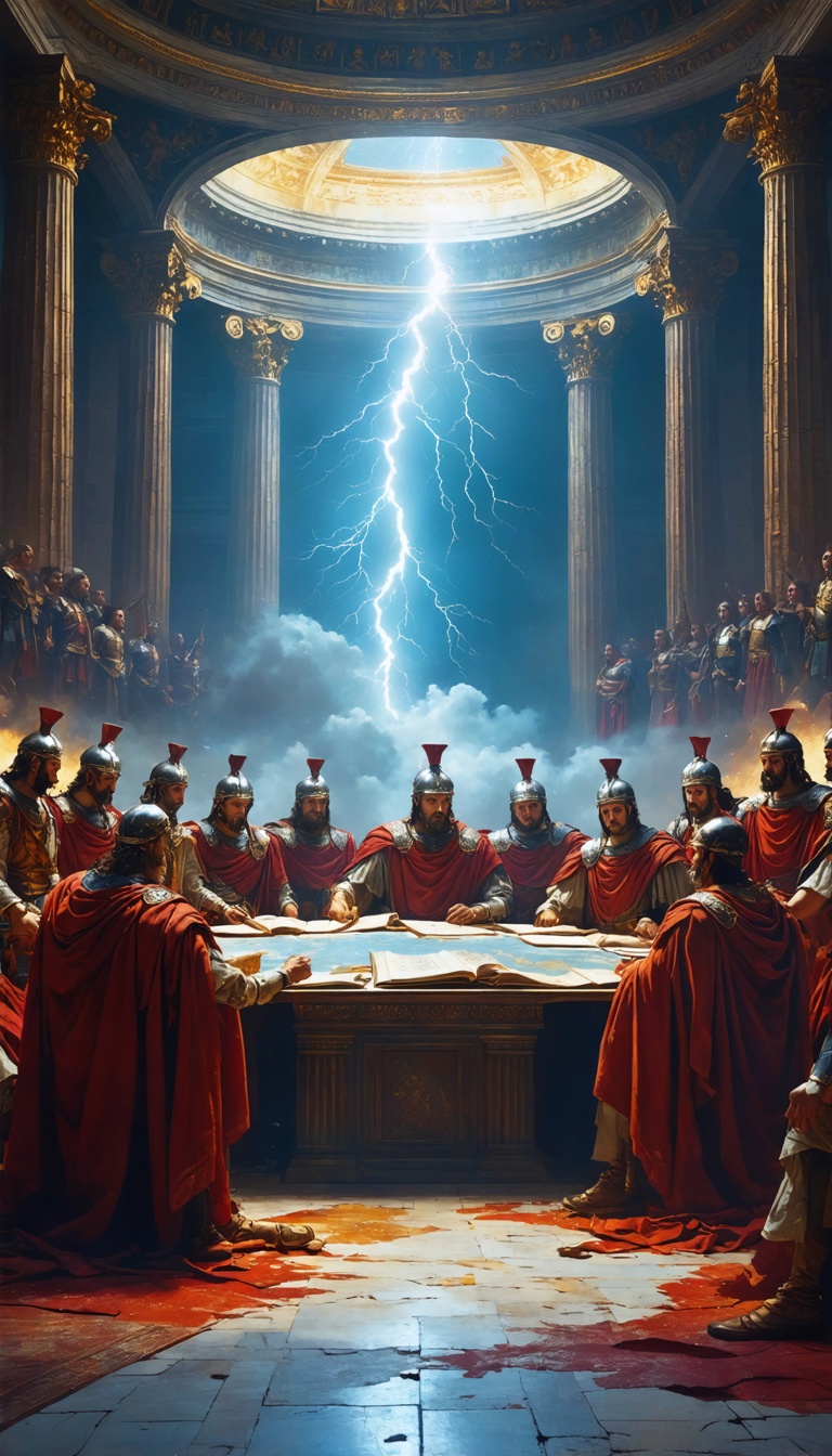 "A council of Roman senators debating strategies for defeating Carthage, surrounded by maps and scrolls in a grand hall."