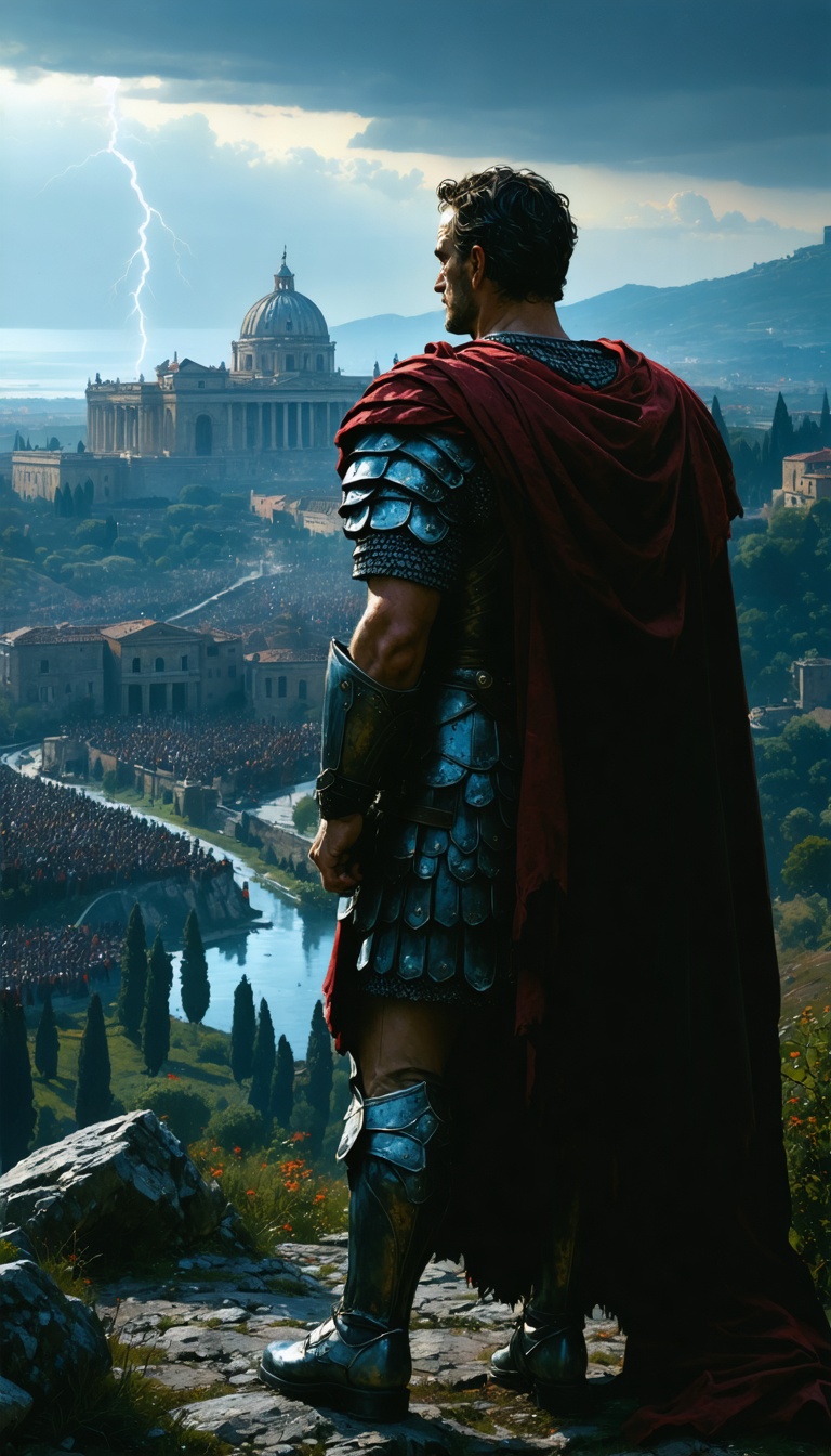 "Hannibal standing on a hilltop overlooking Rome, his army visible in the distance, as he contemplates his next move."