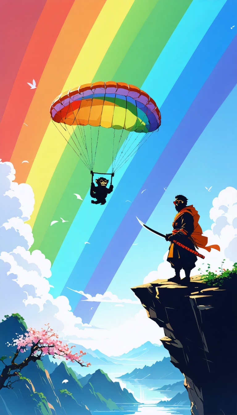 ImagPOV of standing on a mountain cliff in feudal Japan, overlooking a valley, hand resting on katana hilt, cherry blossoms blowing in wind --v 6 --ar 4:5 --style rawine: Silhouette against blazing sky: monkey suspended under rainbow parasail, bare feet dangling above crystal water. Wears reflective sunglasses, orange life-vest styled like designer vest.