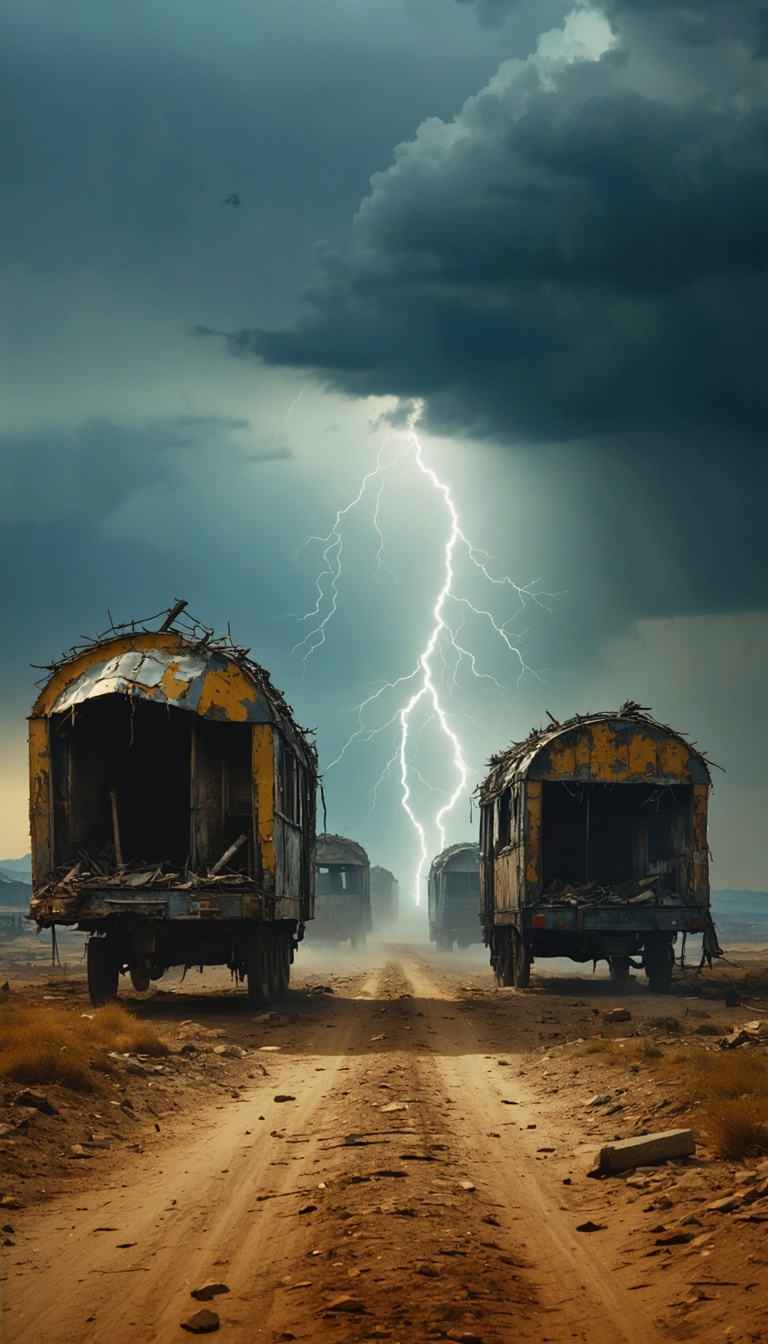 "A symbolic image of the Drumul Mătăsii being severed, with tattered caravans and empty roads leading to the ruins of Merv."