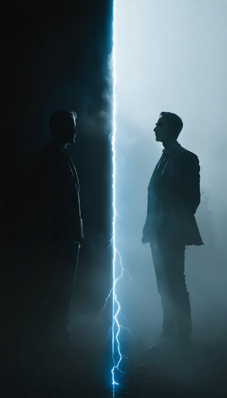 Split image: Mothman silhouette on one side, MIB silhouettes on other, fog blending.