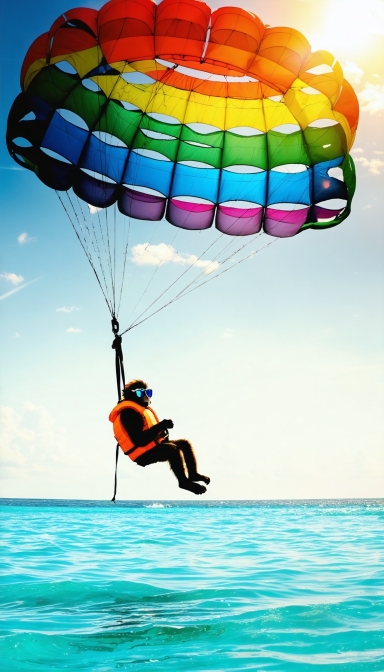 Imagine: Silhouette against blazing sky: monkey suspended under rainbow parasail, bare feet dangling above crystal water. Wears reflective sunglasses, orange life-vest styled like designer vest.