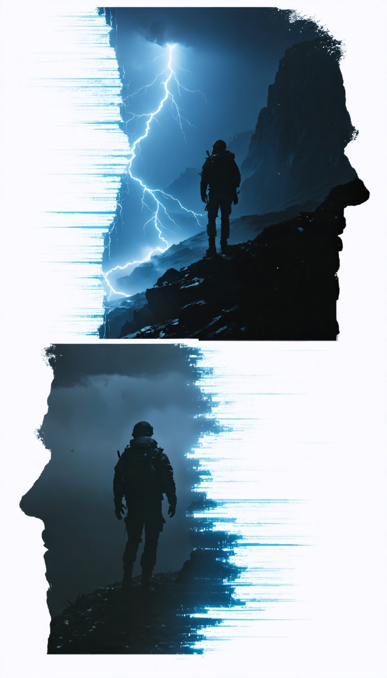 Split-scene collage: avalanche diagram, military lights, strange glowing figure, atmospheric, cinematic.