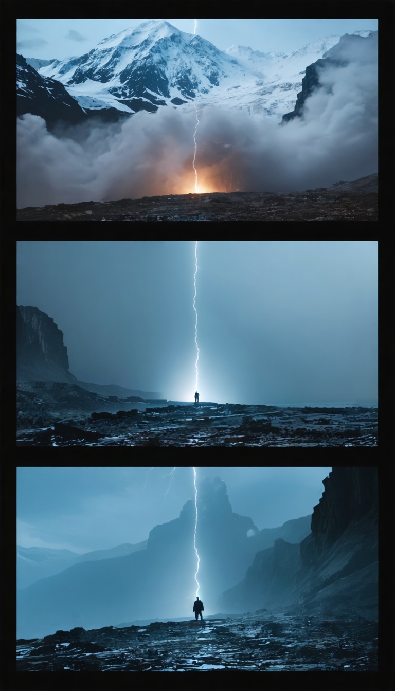 Split-scene collage: avalanche diagram, military lights, strange glowing figure, atmospheric, cinematic.