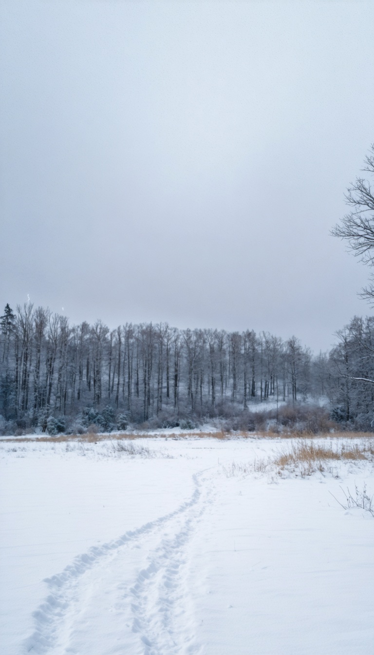 Wide shot of untouched snowy landscape, no footprints, no animals, haunting emptiness.