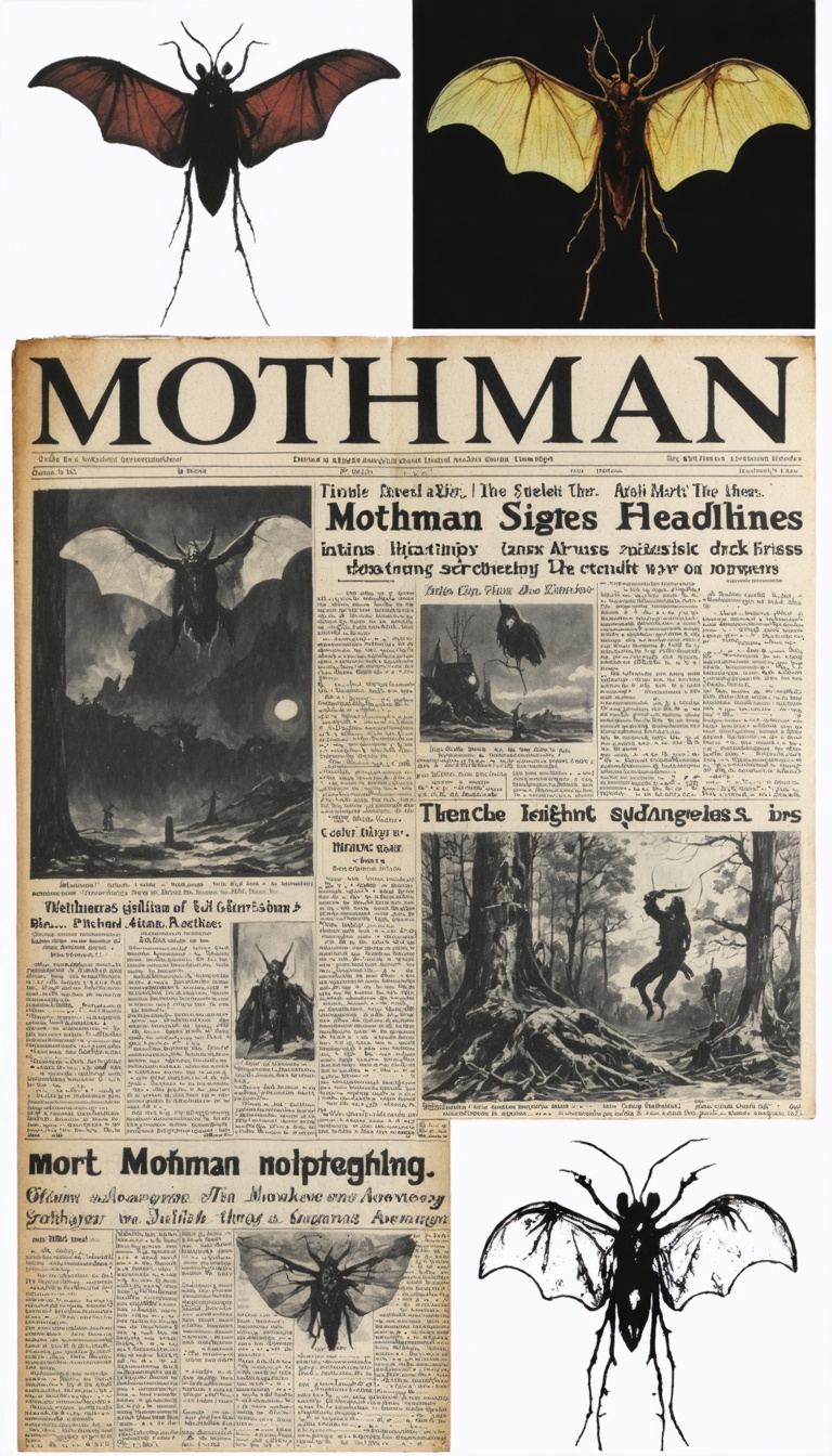 Collage of multiple Mothman sightings: headlines, sketches, eyewitness drawings, cinematic montage.