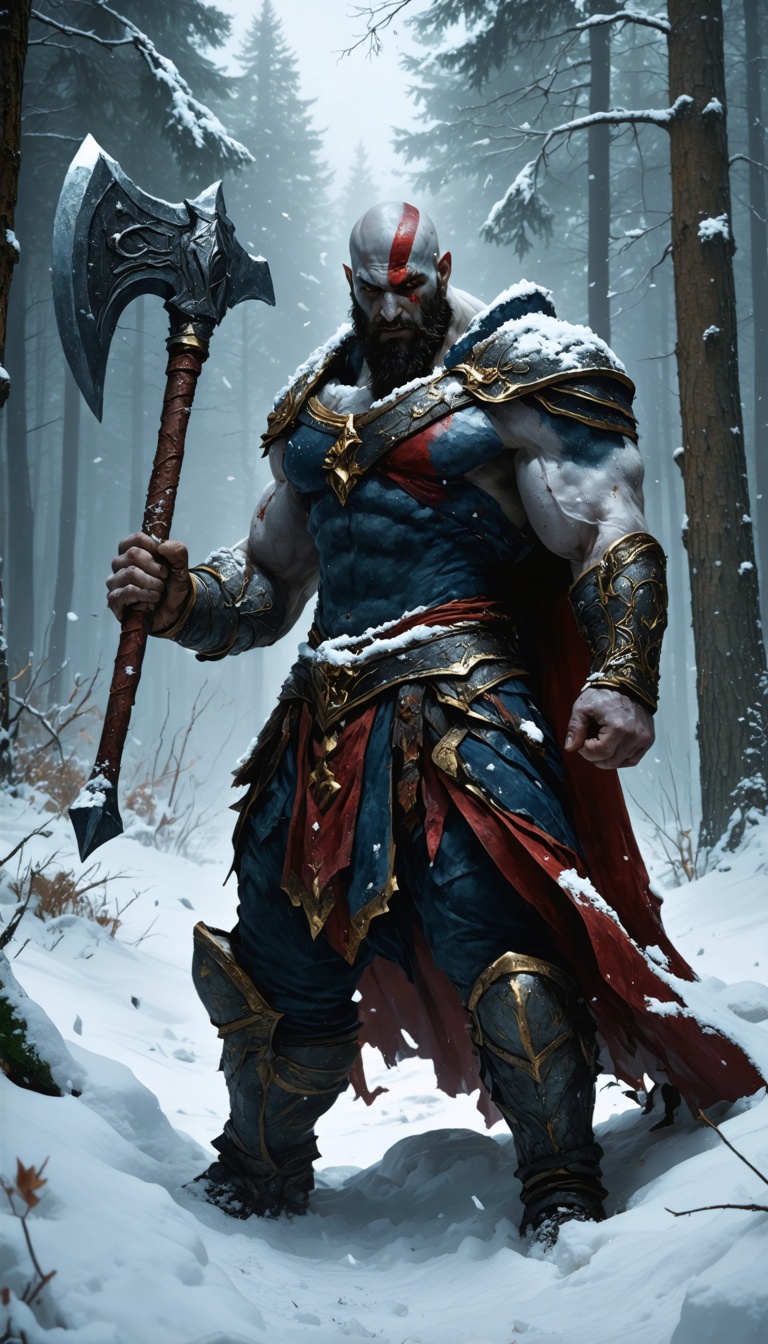 Kratos holding the Leviathan Axe in a snow-covered forest, his expression fierce as he prepares for an epic confrontation.