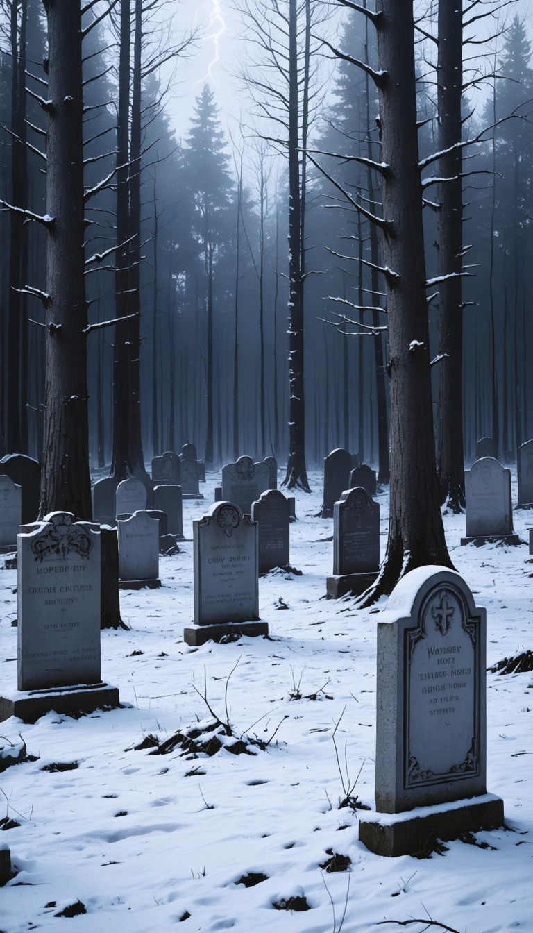 "A haunting image of the forest after the massacre: empty, snow-covered graves surrounded by eerie silence and skeletal trees."