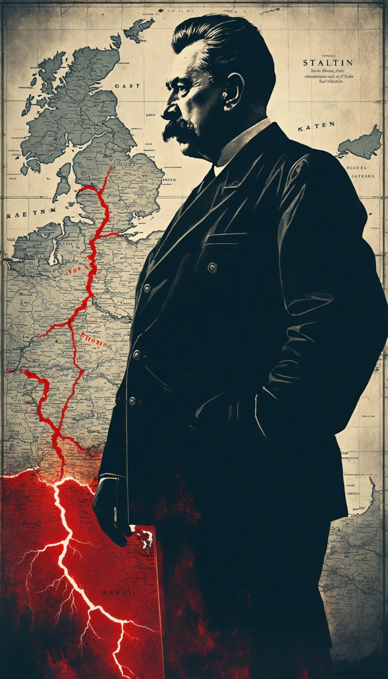 "A symbolic representation of Stalin's control: a shadowy figure of Stalin looming over a map of Eastern Europe, with blood-red trails leading to Katyn."