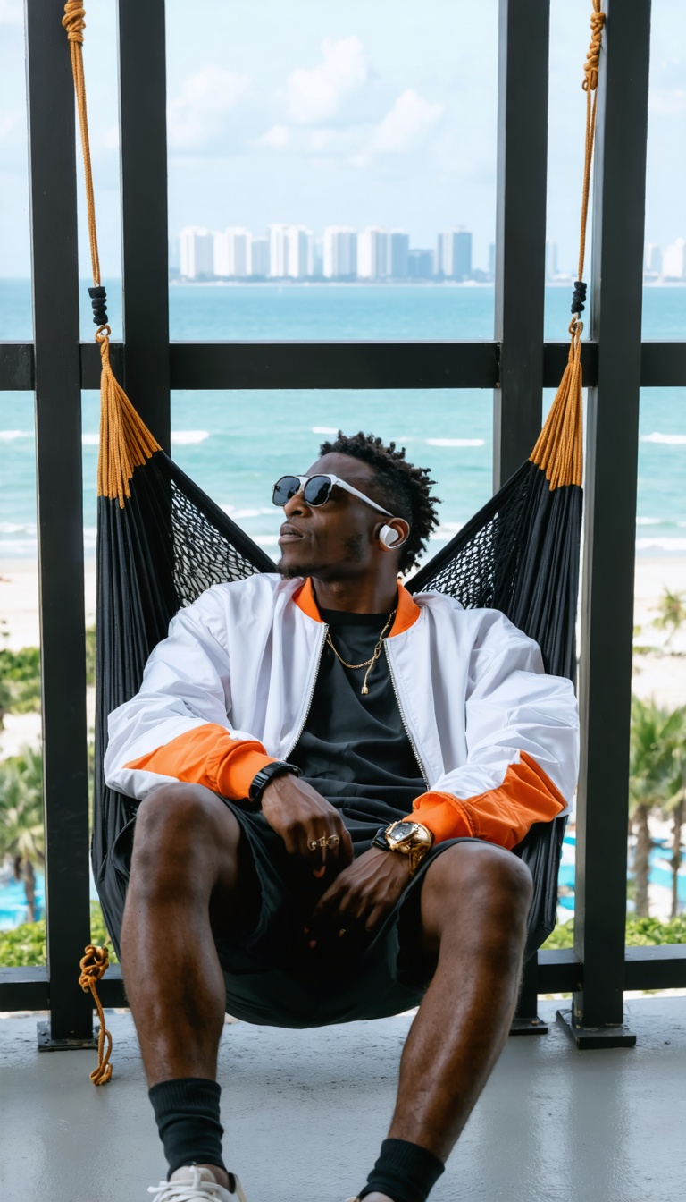 Wide-angle, fashion editorial-style beach shot The monkey lounges on a custom hammock made of black mesh and gold cords, stretched between two modern steel poles on a high-rise balcony overlooking a beach. He wears a designer bomber jacket (white with orange accents), black cargo shorts, high-top sneakers, and reflective mirror shades. Earbuds in, expression calm, he gazes out over the city skyline blending with the sea, exuding a luxury streetwear vibe. His watch flashes subtly in the sunlight — everything about him says cool control.