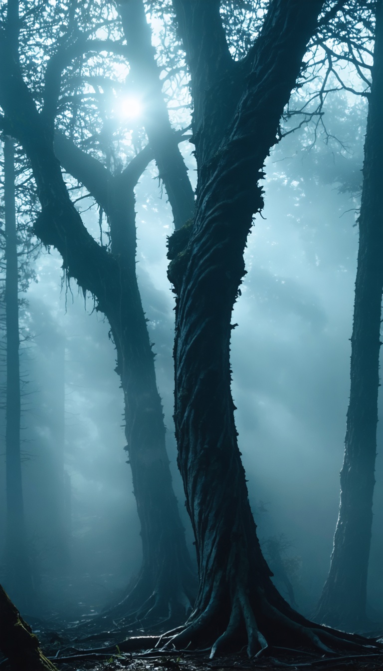 Surreal shot of fog drifting between twisted tree trunks, faint ghostly silhouettes forming and dissolving, whisper-like light distortions, supernatural volumetric fog, haunting blue-green palette, high contrast, vertical IMAX frame, 9:16.