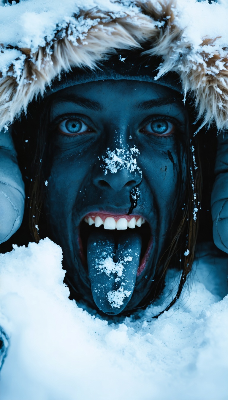Victim’s face partially buried in snow, missing tongue and eyes, eerie cold composition, hyper-realistic.