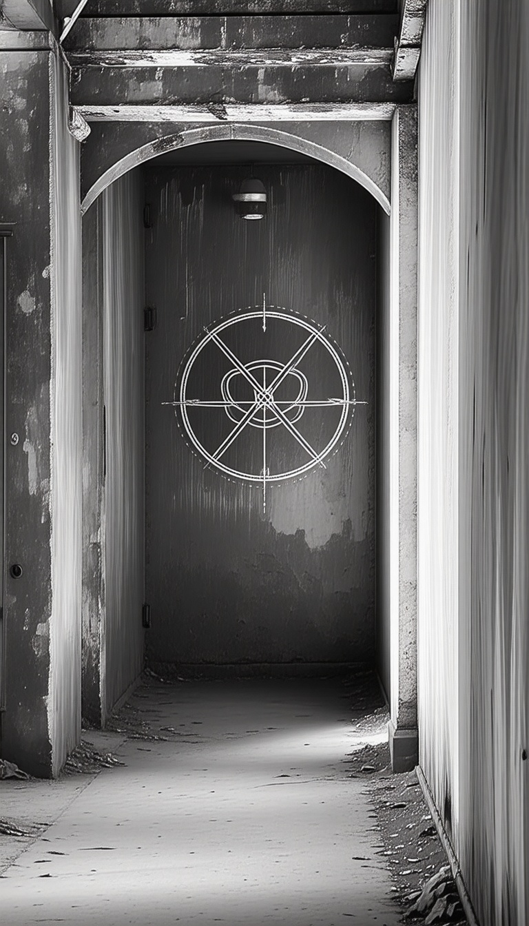 Dark alley fading into shadows, faint Zodiac symbol drawn on wall, hyper-realistic 8k.