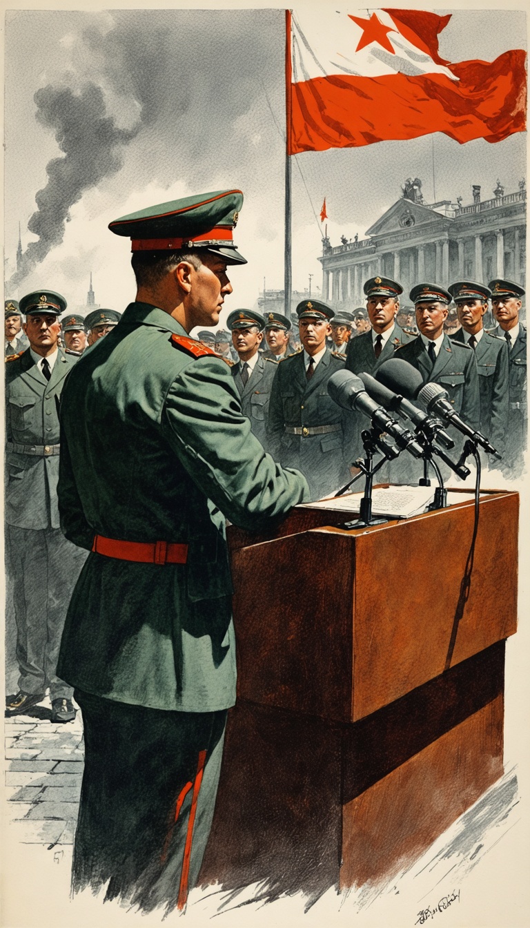 "The propaganda war: a Soviet officer addressing the media, denying responsibility for Katyn, while Nazi officials present evidence of Soviet involvement."