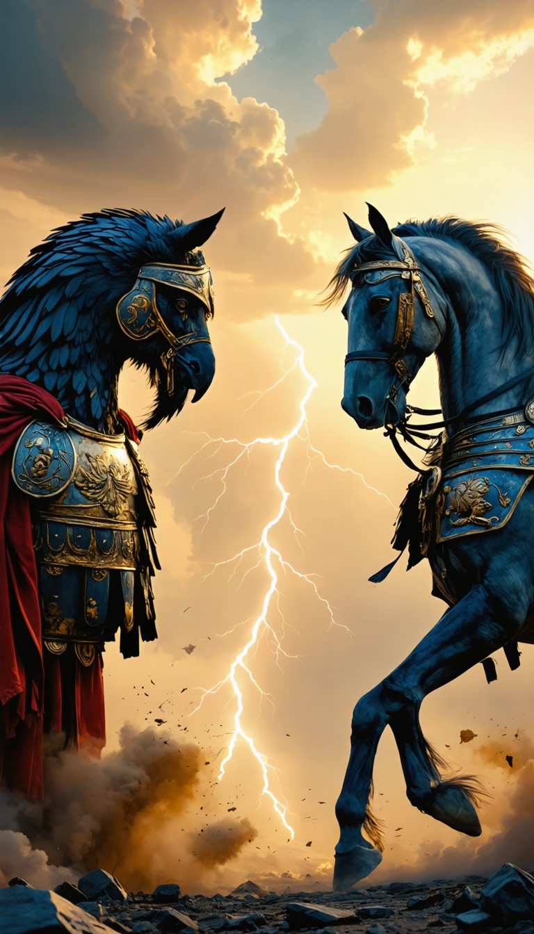 "A symbolic representation of Rome and Carthage, with a Roman eagle and a Carthaginian horse locked in combat."