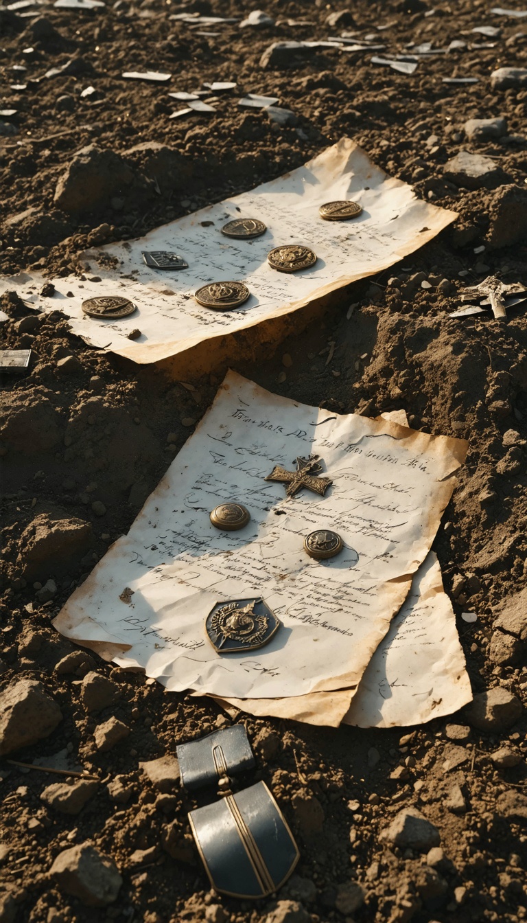 "A close-up of Polish military badges and documents lying in the dirt near a mass grave, symbolizing the erasure of an entire elite class."
