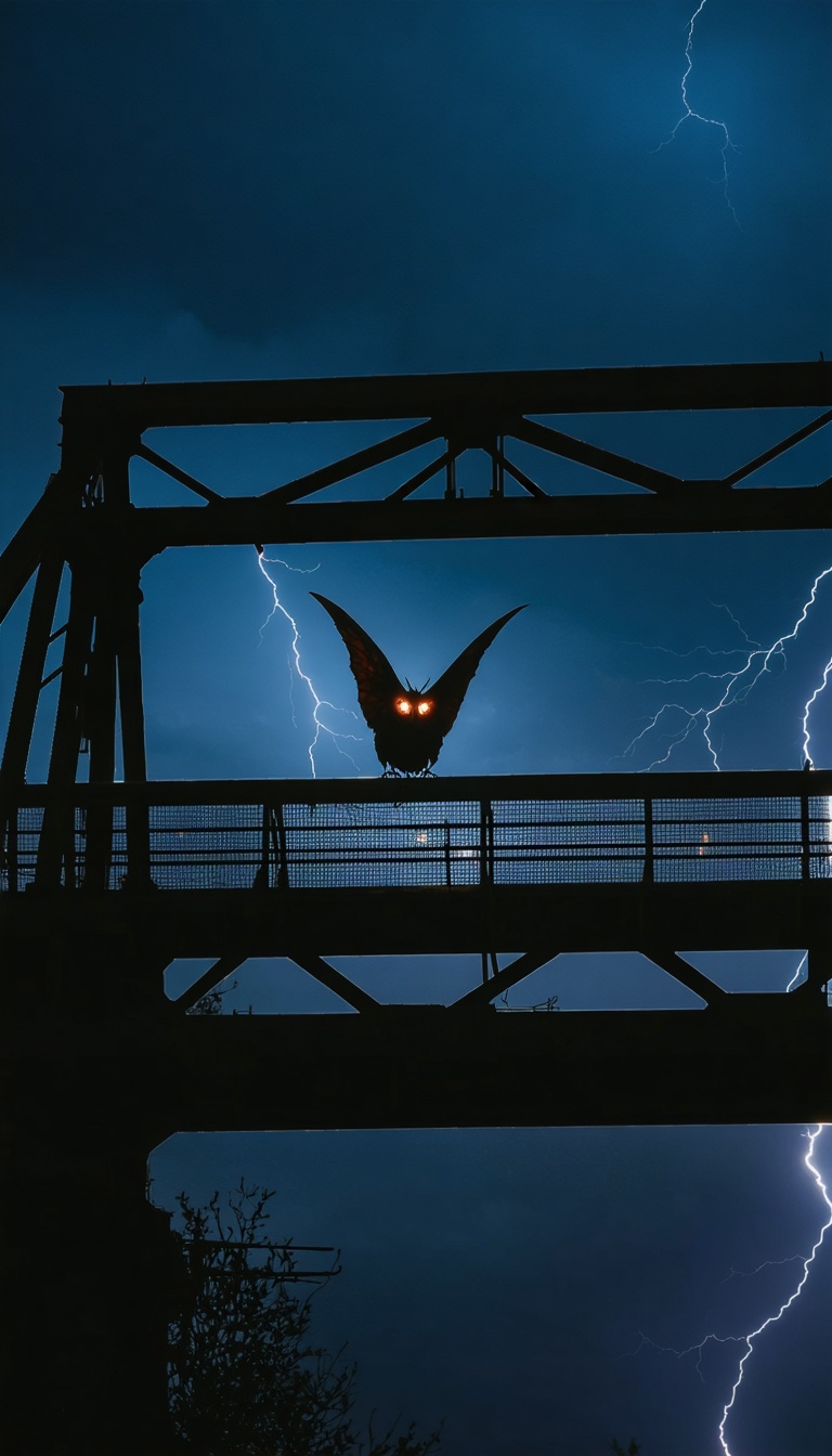 Mothman perched on bridge truss at night, glowing eyes, wind blowing, dark atmosphere.