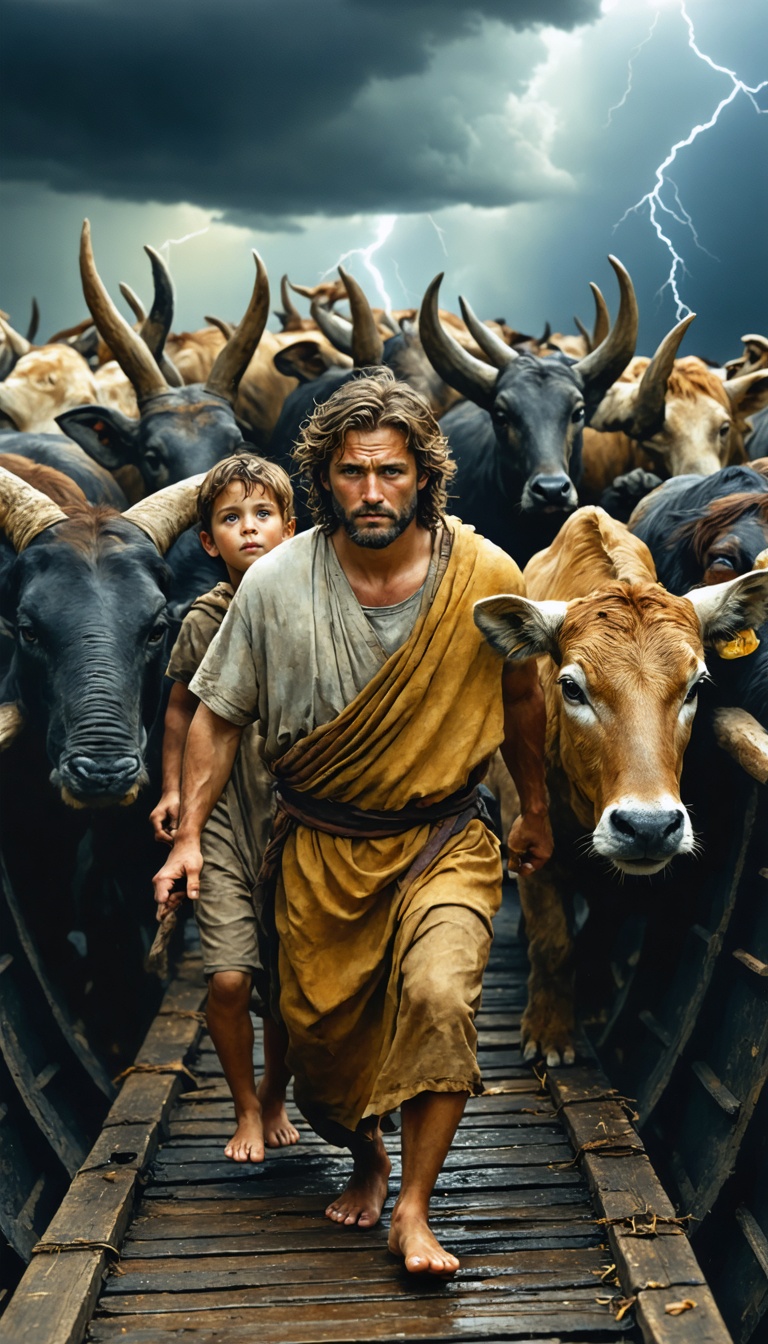 Noah and his family loading the Ark. Each member is seen leading or carrying animals into the vessel. The animals are diverse, with realistic textures and expressions. The family wears simple robes, and their expressions show a mix of exhaustion and determination. The background features storm clouds slowly forming.