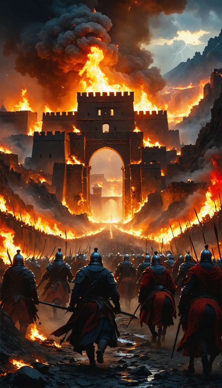 "The fall of Merv, with Mongol warriors storming through the gates, fires consuming the city, and people fleeing in terror."