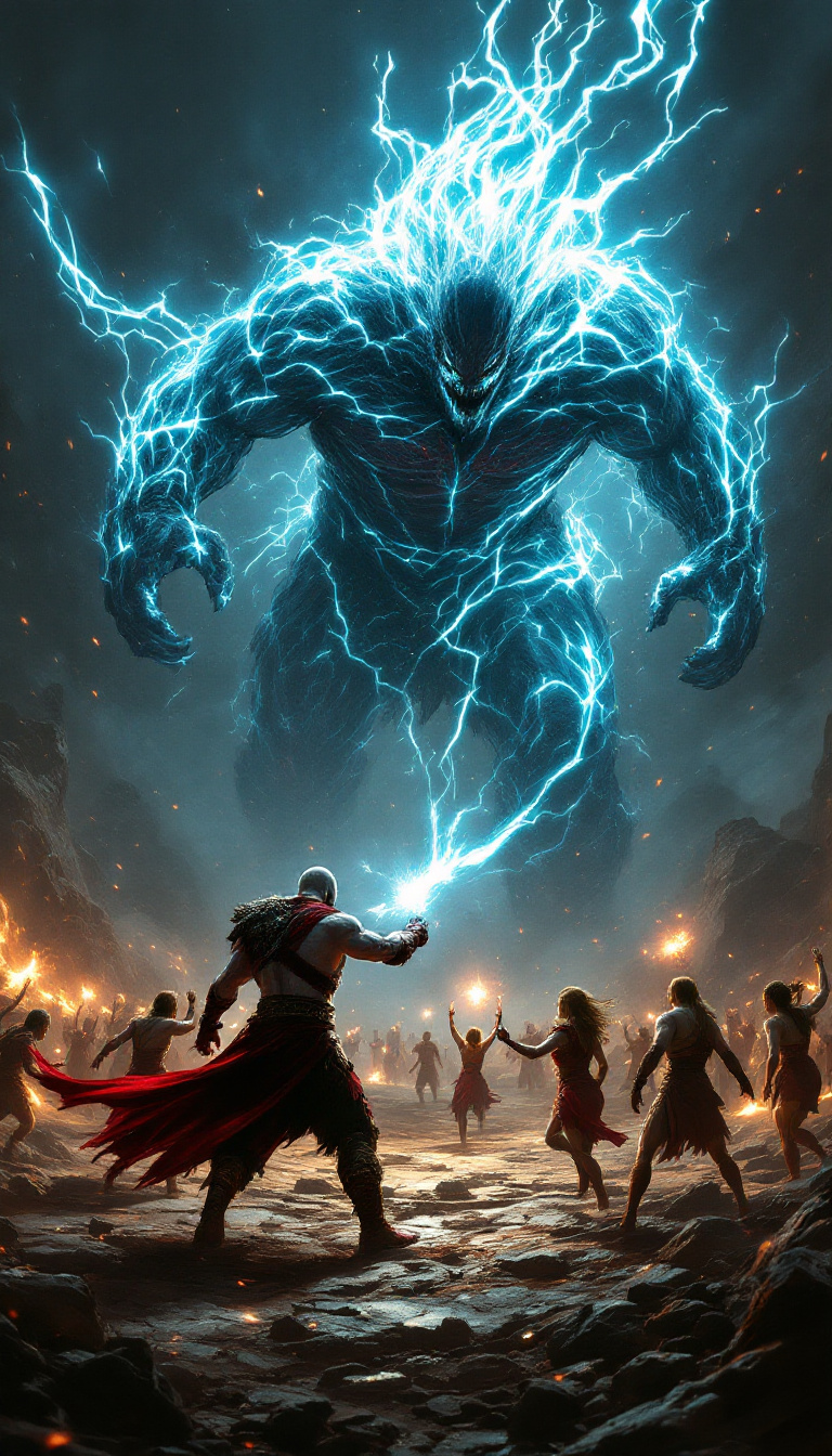 A battle scene with Kratos and his siblings fighting a colossal titan, their divine power illuminating the dark, chaotic battlefield.