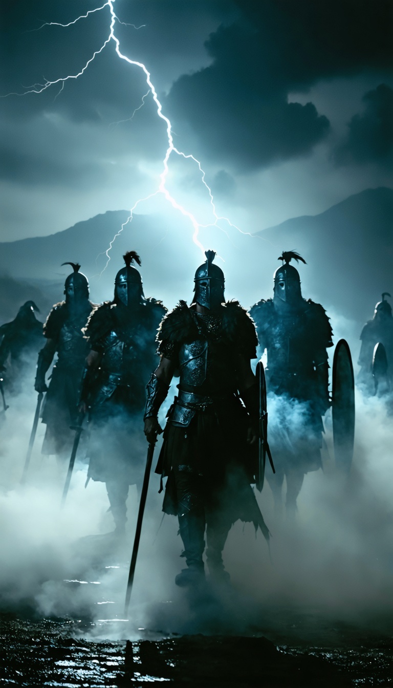 A haunting depiction of the Gallic tribes defeated, with shadowy figures representing their lost culture and pride.