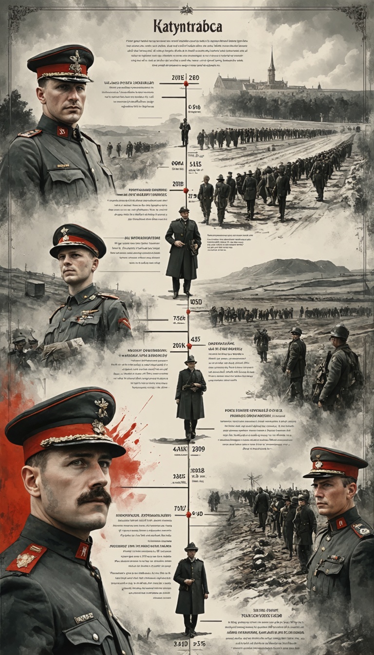 "A timeline representation: from Polish officers in uniform to the Katyn graves to modern-day memorials, showing the journey from atrocity to remembrance."