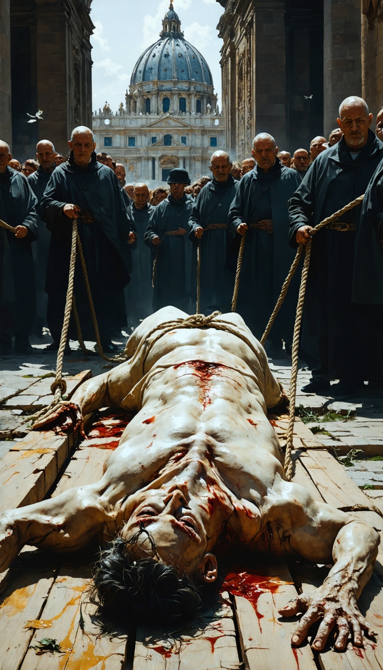 A grotesque depiction of Borgia's corpse. The body is bloated and discolored, lying on a simple plank. Figures in the background use ropes to drag the corpse into the imposing entrance of Saint Peter’s Basilica.