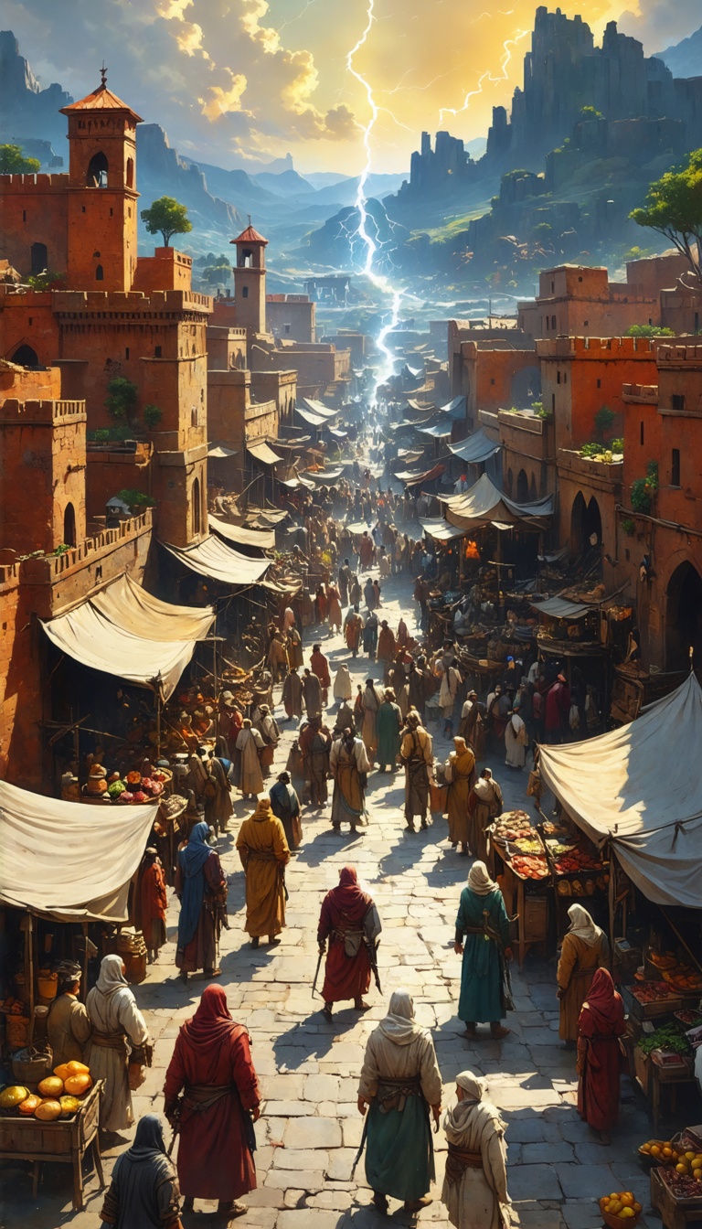 "A vibrant marketplace in Merv before the invasion, filled with merchants, goods, and bustling crowds, unaware of their impending fate."