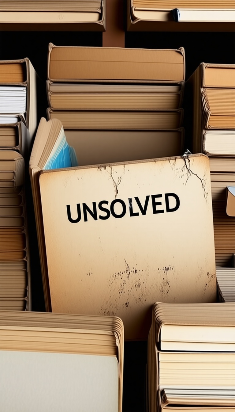 Old case files gathering dust, ‘UNSOLVED’ stamp on folder, dim archival room.