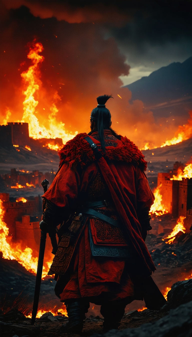 "Genghis Khan observing the destruction of Merv from a hilltop, his expression cold and resolute as flames engulf the city."