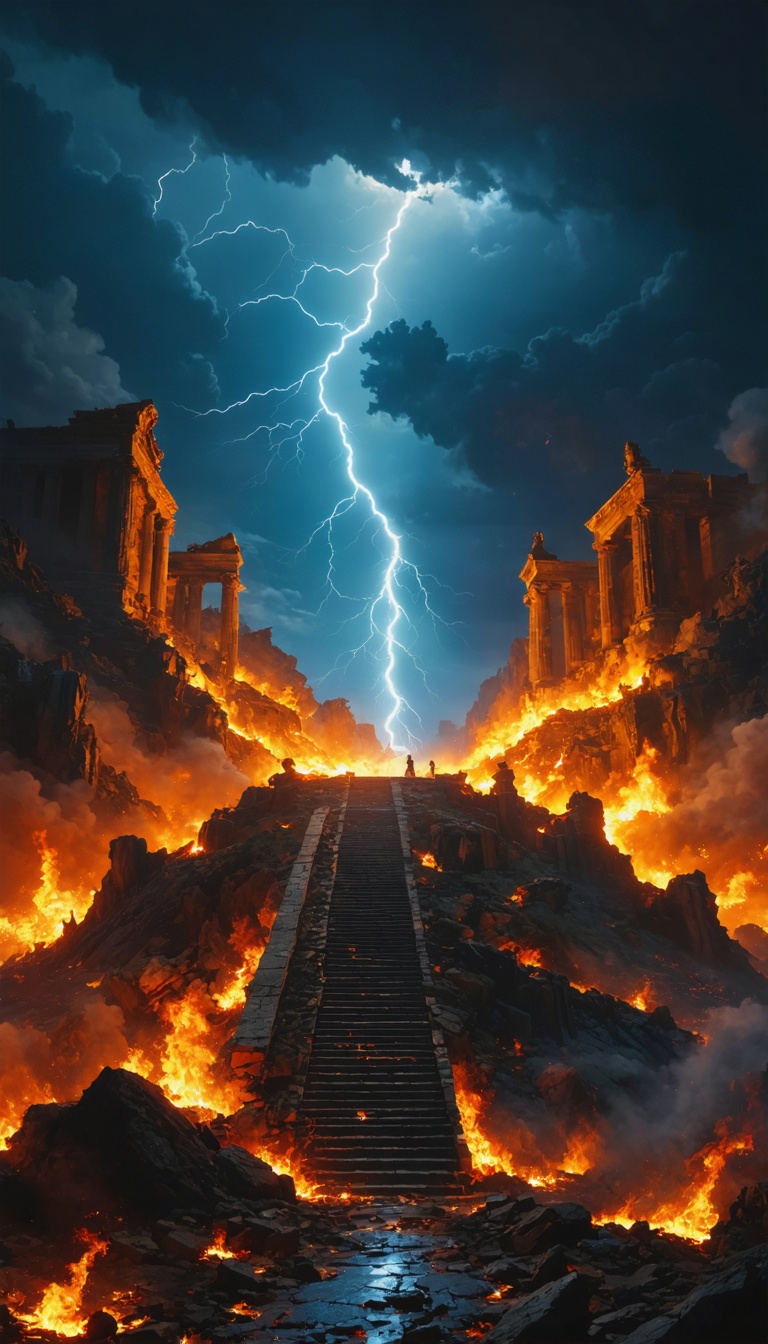 Kratos and Zeus locked in a brutal battle on Mount Olympus, surrounded by crumbling statues of ancient gods and a fiery sky.