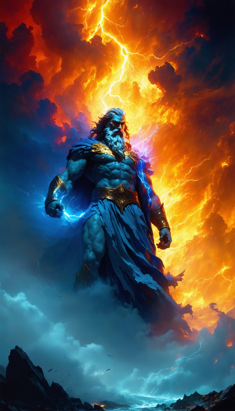 Zeus summoning a tempest to overwhelm Kratos, his figure larger than life against the backdrop of a collapsing Olympus.