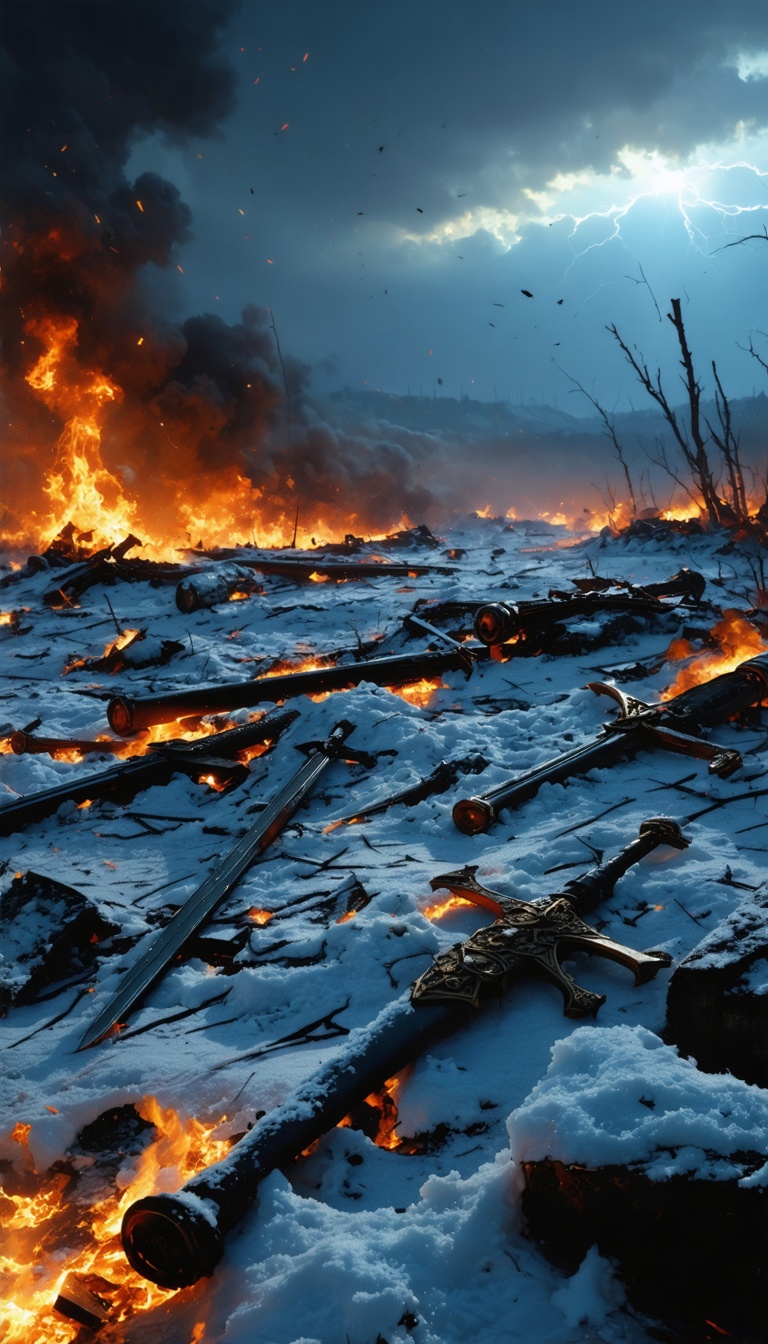 A battlefield scarred by an intense conflict, with shattered weapons and traces of magical energy lingering in the snow.