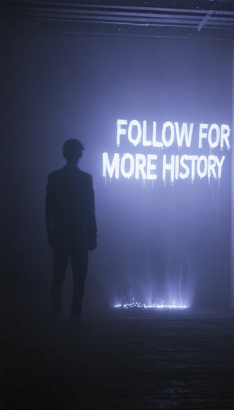 Time-lapse of room fading into blurred streaks of past and future, ghostly silhouette dissolving into light, text forming in drifting particles: FOLLOW FOR MORE HISTORY, cosmic dust aesthetic, cinematic fade to black, IMAX detail, 9:16 vertical.