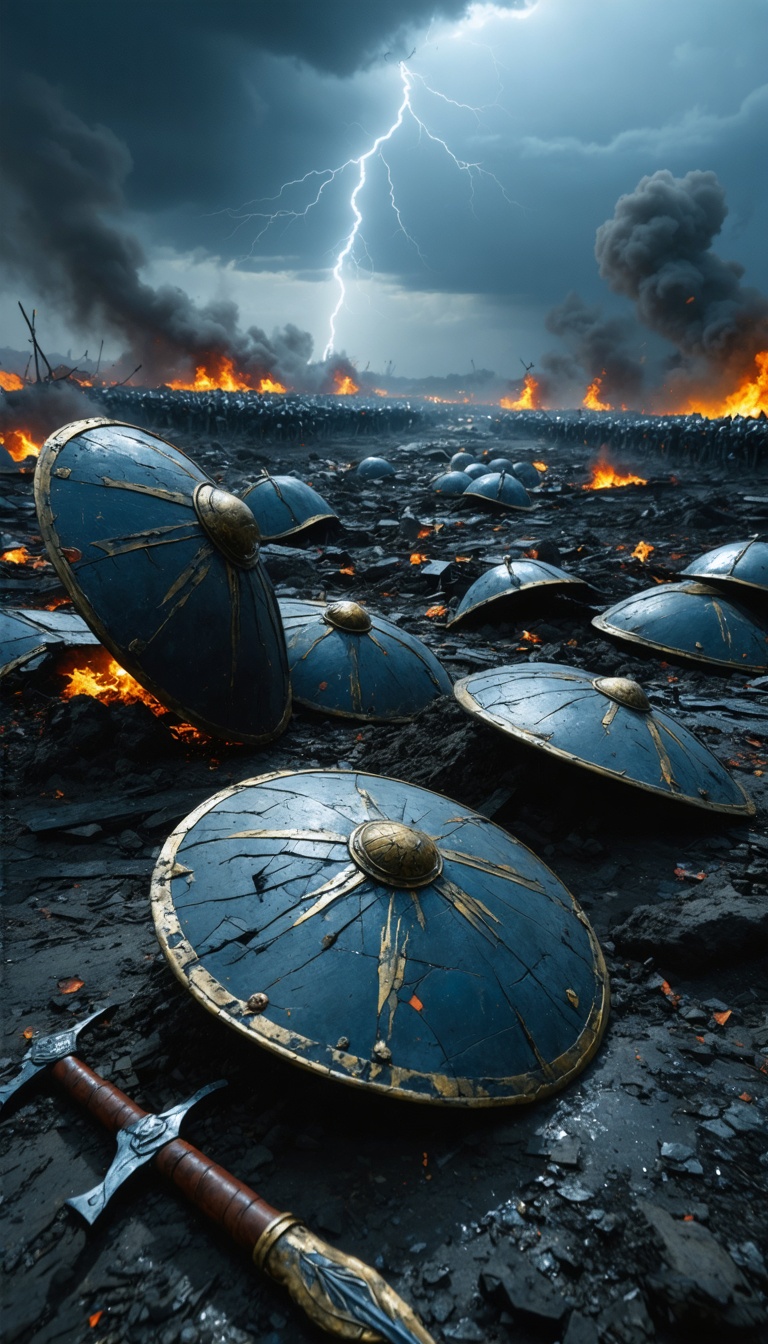 A desolate battlefield outside Alesia, littered with broken shields, weapons, and the bodies of fallen warriors.