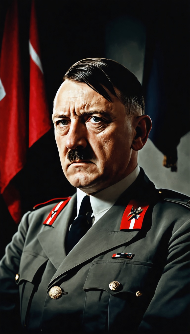 An ultra-realistic portrait of Adolf Hitler, capturing his signature side-parted hair and small mustache. He is depicted in a crisp Nazi military uniform with a swastika armband, set against a shadowy background with faint red and black banners. His intense gaze conveys a chilling sense of control and ambition.