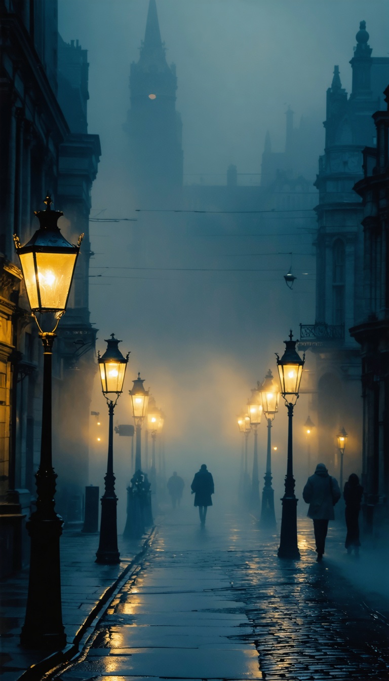 Epic IMAX vertical shot of foggy Victorian London street at night, gas lamps casting golden halos through thick mist, cobblestone reflections, silhouettes passing by, deep atmospheric fog, cinematic desaturated sepia-blue palette, slow dolly-in camera, 9:16.