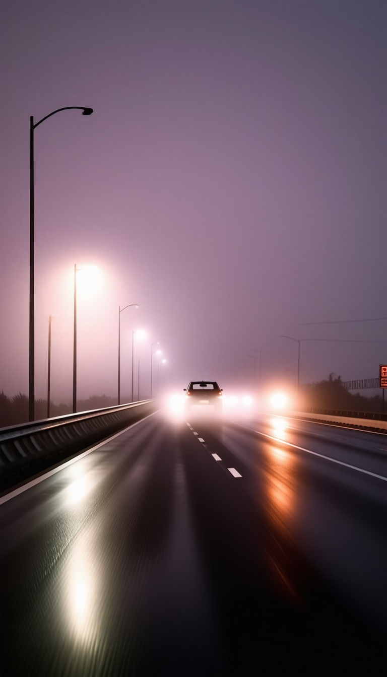 Foggy 1960s California highway at night, lone parked car, ominous silhouette approaching, cinematic lighting, hyper-realistic 8k.