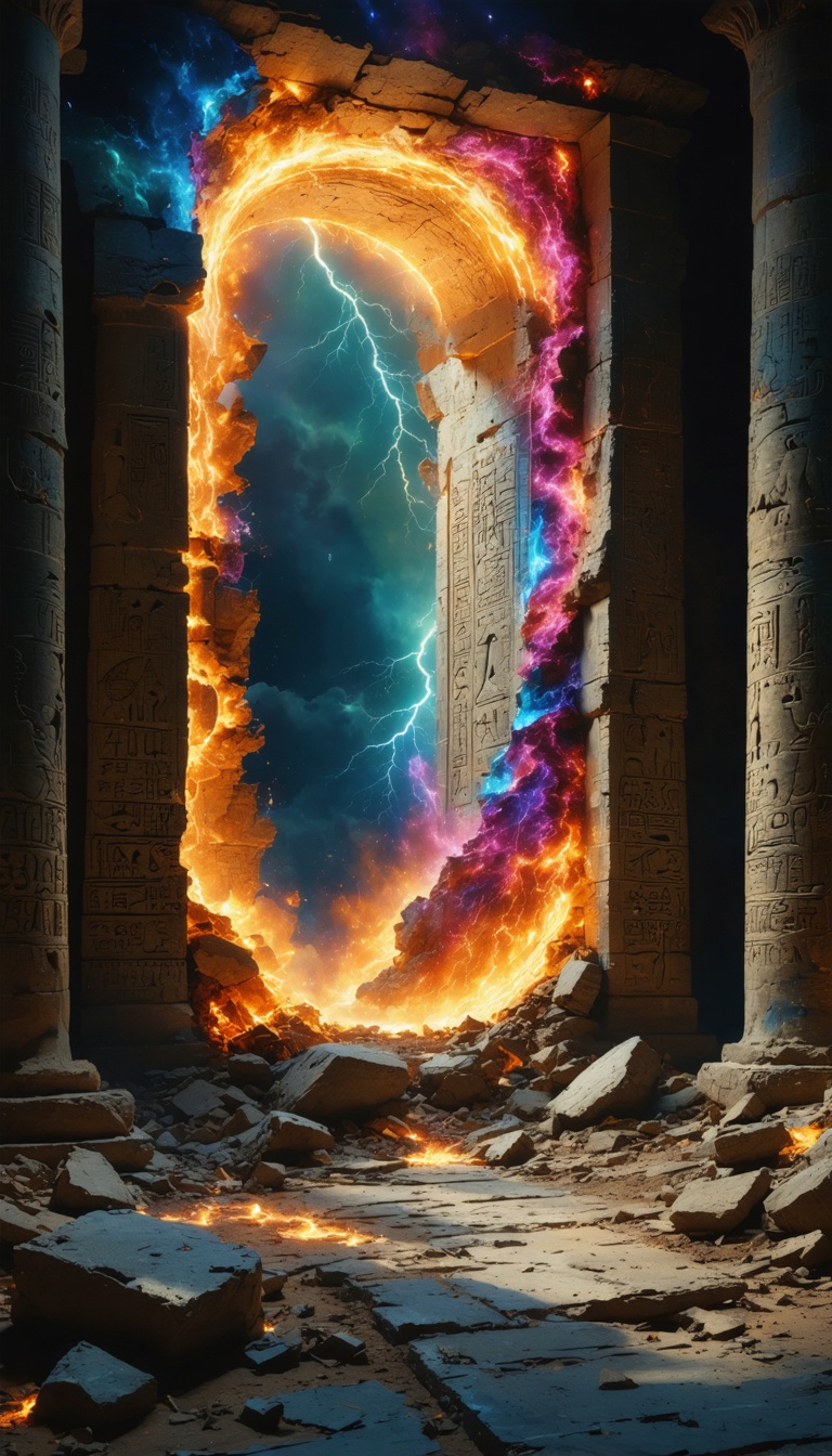Time portal in collapsing ruins. Ancient Egypt