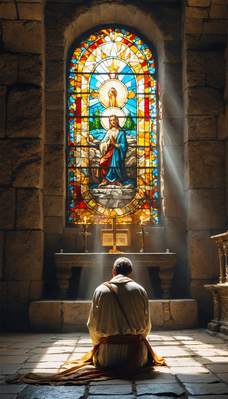 A devout figure kneeling in prayer inside an ancient, beautifully lit stone chapel. The person is dressed in biblical-inspired robes, with hands clasped and head bowed in reverence. Soft, warm light streams through an ornate stained-glass window depicting a holy scene, casting colorful patterns on the stone floor. The atmosphere is sacred and tranquil, with a faint aura of divine light surrounding the figure. In the background, a simple wooden cross and an open Bible rest on a small altar, reinforcing the religious and spiritual tone of the scene.
