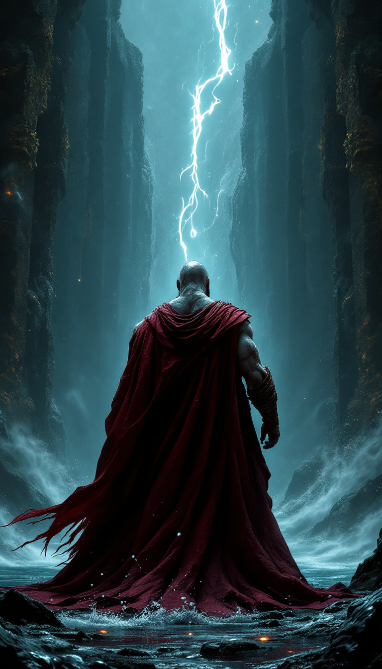A mythic moment of Kratos standing before the gates of the underworld, with Styx's dark waters swirling ominously and divine fire in his eyes.