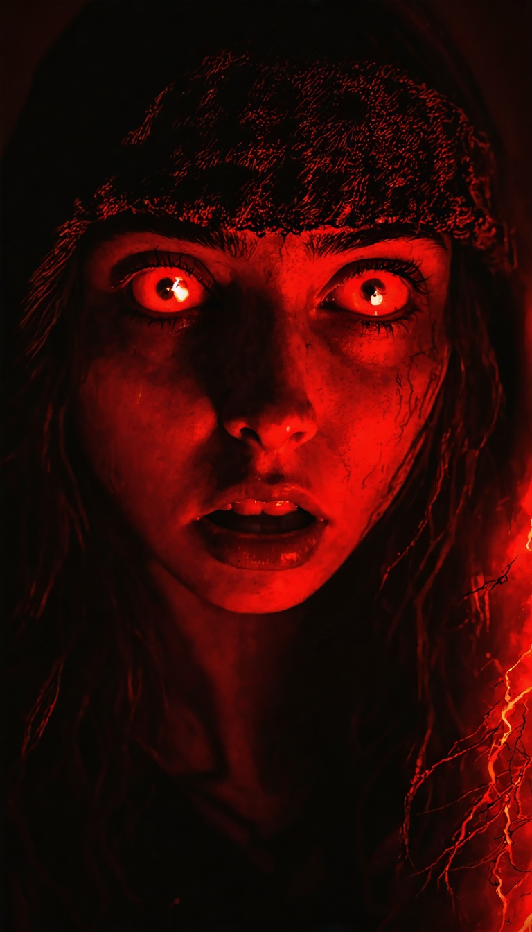 Close-up of terrified witness looking into darkness, eerie red reflection in eyes.