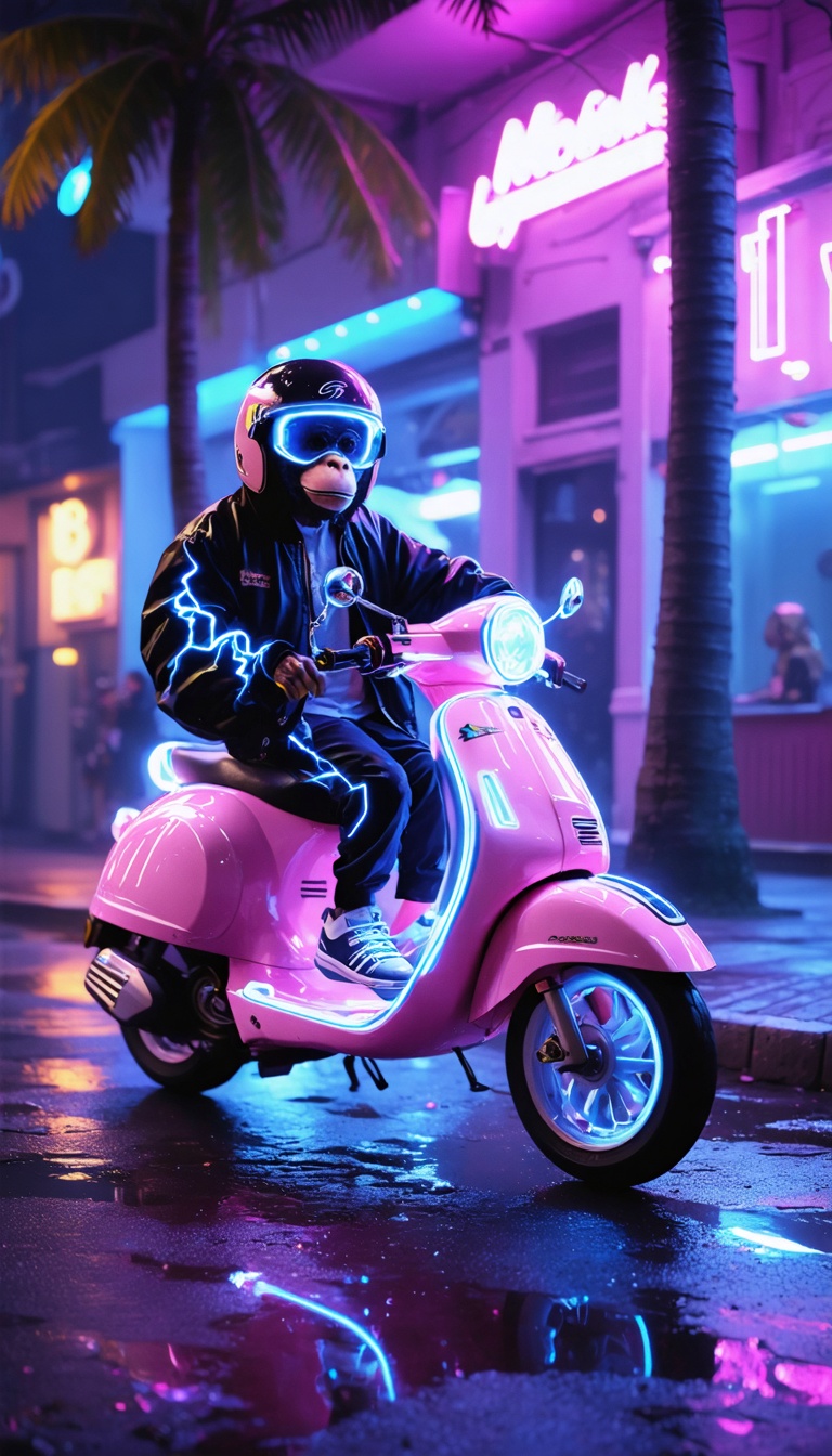 Wide-angle street level: monkey on candy-pink retro scooter, glowing under violet neon signs. Outfit: black bomber jacket with cyan lightning bolts, LED-lit sneakers, reflective visor helmet half-open. Palm trees sway, wet pavement mirrors the lights.