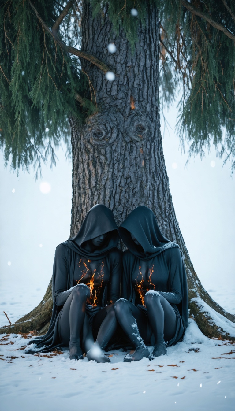 Two frozen bodies under cedar tree, burned patches on skin, snow falling, somber dramatic tone.