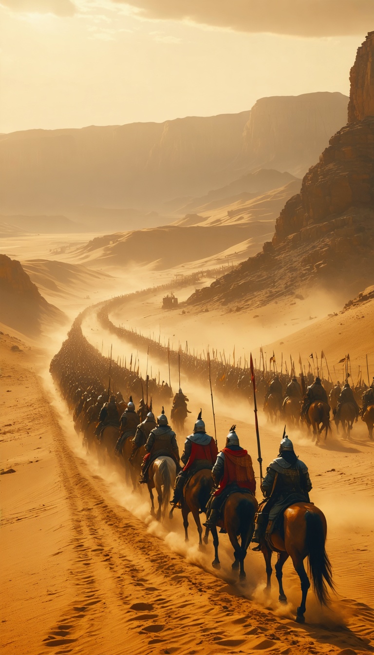 "The Mongol army marching toward Merv, their banners flying high, with endless rows of soldiers and horses crossing the desert."