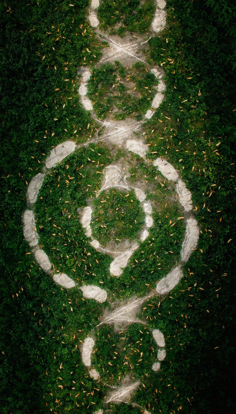 Drone-like vertical shot of forest floor showing perfect circular trails of footprints looping endlessly, leaves undisturbed beyond the circle, high-angle cinematic composition, unsettling symmetry, ultra-real textures, 9:16.