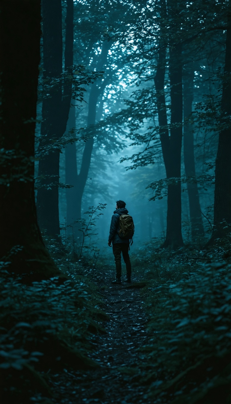 Traveler standing at forest edge staring toward deeper darkness, trees bending subtly inward as if beckoning, slow push forward, strong chiaroscuro lighting, volumetric shadows, IMAX-grade eerie realism, 9:16.
