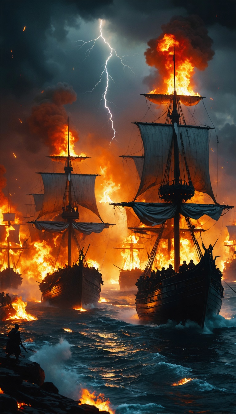 "A fiery naval engagement, with Roman corvus boarding devices clamping onto Carthaginian ships, and soldiers battling on the decks."