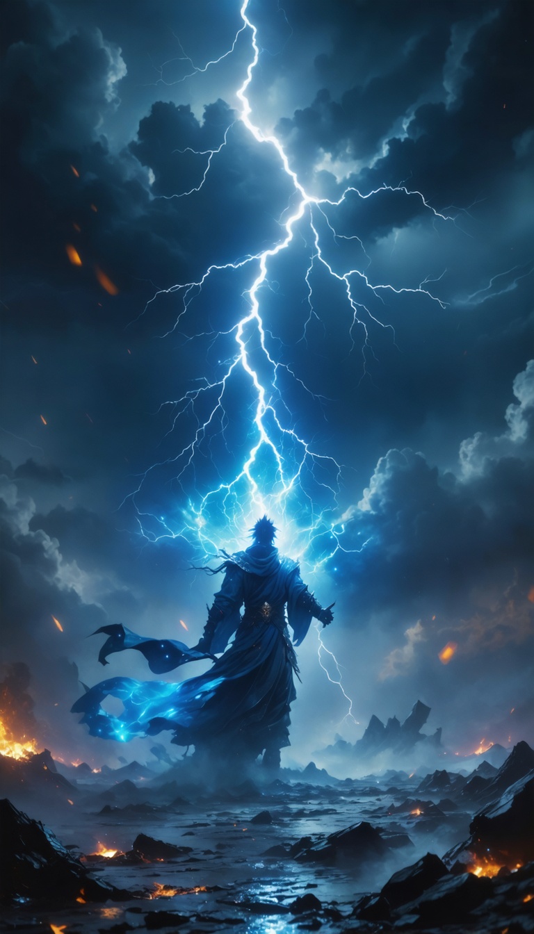 A divine figure summoning a storm, with lightning and icy winds swirling around, creating an atmosphere of power and chaos.
